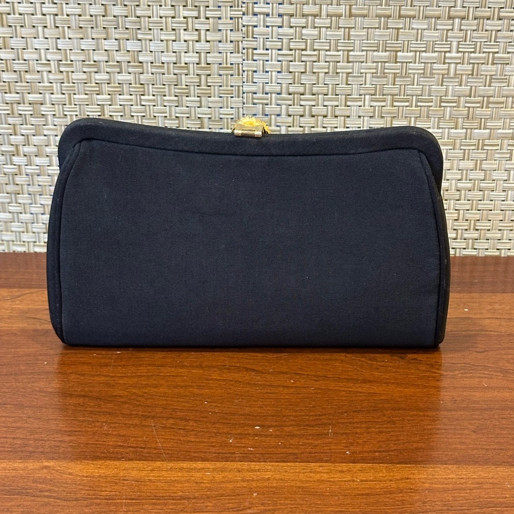 🌟HP🌟VTG 1950s-60s Black Fabric Evening Bag Matching Lift Clasp Gold Tone Chain - Picture 7 of 11